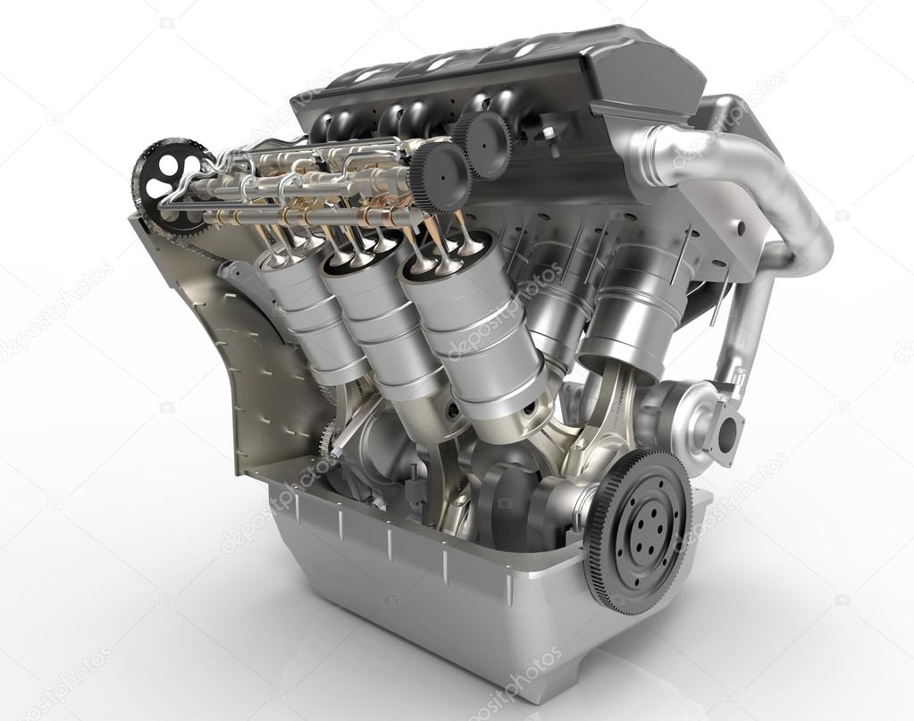V8 turbo Car Engine on white background. High resolution 3d