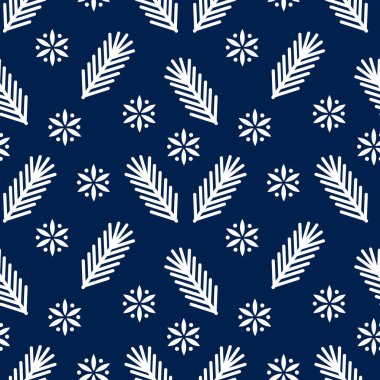 Noel beyaz kar taneleri ve koyu mavi arka planda dikişsiz köknar dalları. Vektör illüstrasyonu.