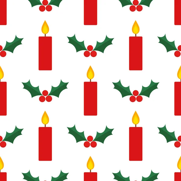 Christmas Red Candles Holly Leaves Seamless Pattern Vector Illustration — Stock Vector