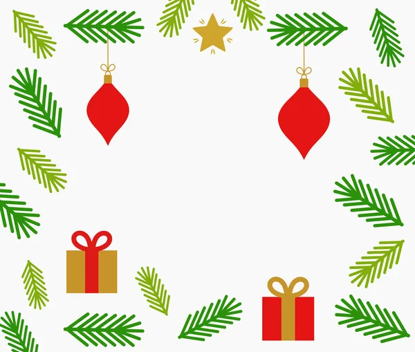 Kerst Border Sparren Takken Cadeautjes Ornamenten Kaart Achtergrond Vectorillustratie — Stockvector