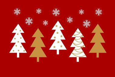 Kırmızı arka planda altın ve beyaz Noel ağaçları. Noel kartı çizimi.