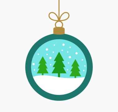 Noel ağaçları ve kış manzaralı Noel balosu süsü. Vektör illüstrasyonu.