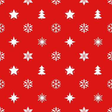 Kış Noel beyaz elementleri kırmızı arka planda, pürüzsüz desen. Vektör illüstrasyonu.