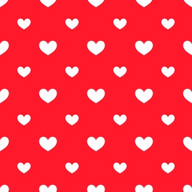 Kırmızı arka planda beyaz kalpler, kusursuz desen. Sevgililer Günü dokusu. Vektör illüstrasyonu.