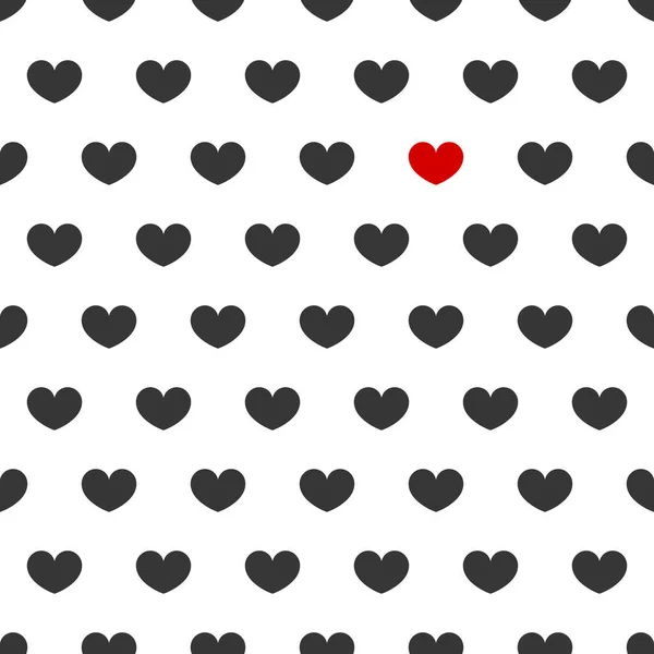 黒い心と1つの赤い心のシームレスなパターン ベクターイラスト — ストックベクタ