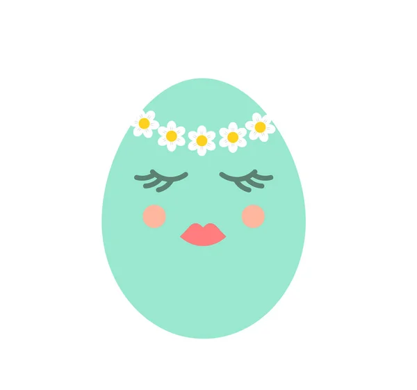 Carino Viso Ragazza Uovo Pasqua Con Corona Fiore Primaverile Illustrazione — Vettoriale Stock