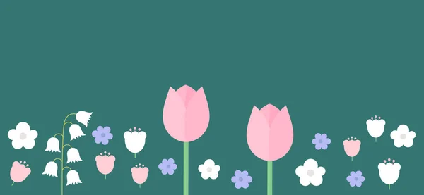 Fundo Flor Flores Pastel Primavera Brilhante Fundo Azul Escuro Cartão —  Vetores de Stock