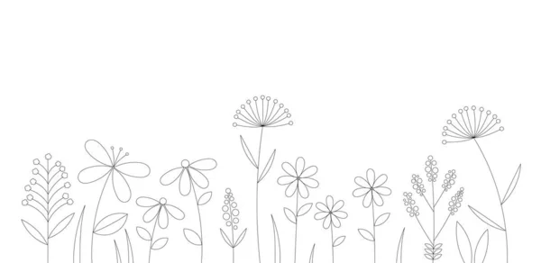 Bloemenweide Outline Bloemen Tekening Vector Illustratie — Stockvector