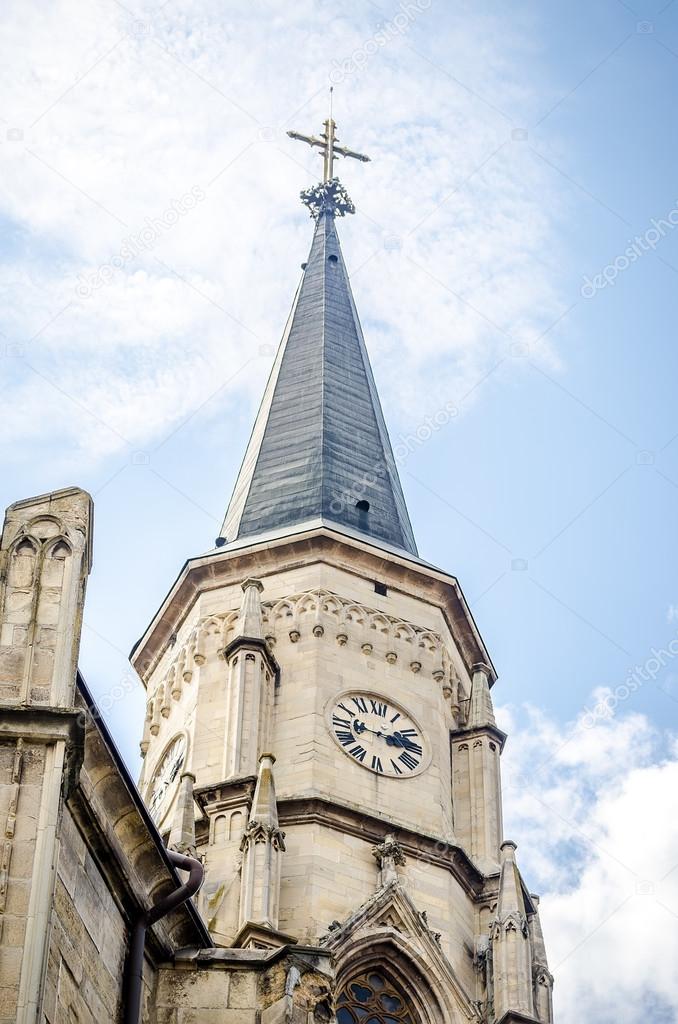 Detail of the clock tower from the Saint Michael Gothic Church in Cluj Napoca