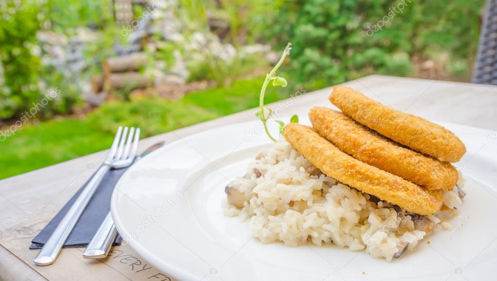 Soya schnitzel on a white plate at a garden restaurant