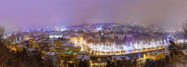 Aerial view of Cluj Napoca in the Transylvania region of Romania on a cold winter night