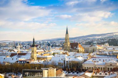 Aerial winter view of the old city of Cluj Napoca in the Transylvania region of Romania
