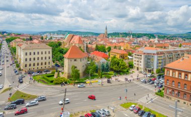 Old medieval center of Cluj Napoca aerial view with the Taylors' Bastion, Sincai highschool, St Michael's Church and other buildings and landmarks