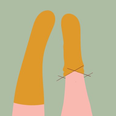 Bir kadın ayaklarında örülmüş sarı çoraplar ölçer. Örgü iğneleriyle ev yapımı giysiler örme süreci - konsept. Vektör illüstrasyonu