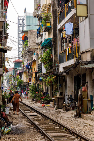 The Railroad of the Train street between the Houses of Hanoi in Vietnam 25. October 2019