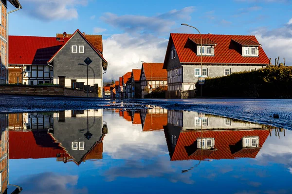 Reflection of houses at Herleshausen in Hesse Germany