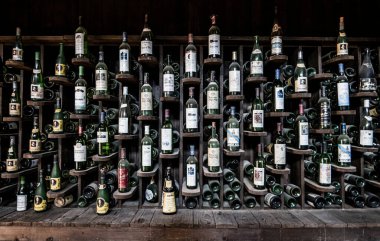 San Bartolome de Tirajana, Espana - Januari 24, 2021: Şarap dükkanında şarap şişeleri.