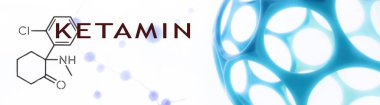 Ketamin. Dissosiyatif ketamin. Kimyasal formül, moleküler yapı. Tasarımcınızın görüntü geçmişi. Disovatif ilaçlar. Ketamin pankartı.