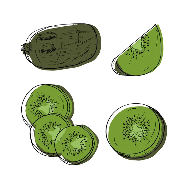 Conjunto Kiwi Dibujado Mano Vectorial Aislado Sobre Fondo Blanco Apropiado — Vector de stock