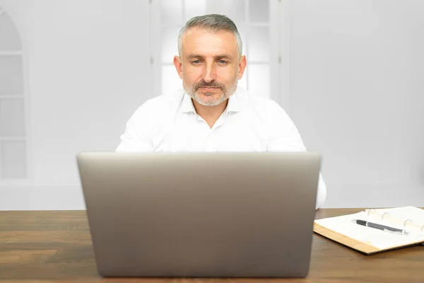 Pensive it professional reading text information from website on laptop device connected to wireless internet — Stock Photo, Image