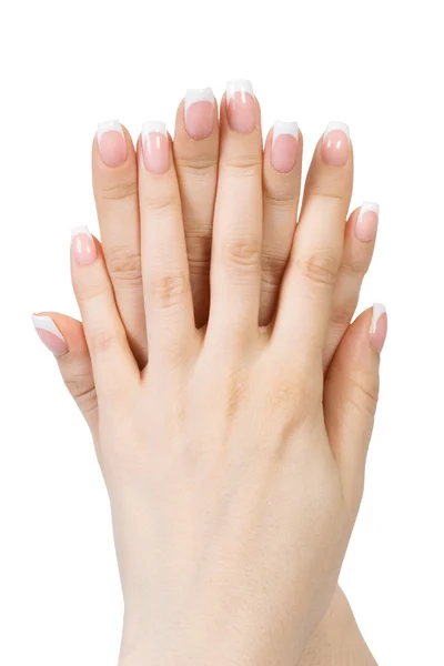 Manos femeninas con manicura francesa — Foto de Stock