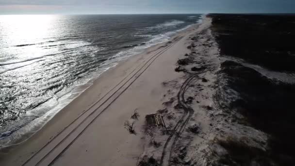 Una playa de arena junto a un cuerpo de agua — Vídeo de stock