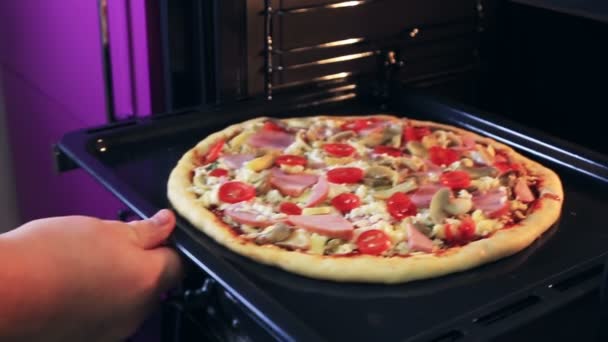 Une pizza assise au-dessus d'une casserole sur une cuisinière four — Video