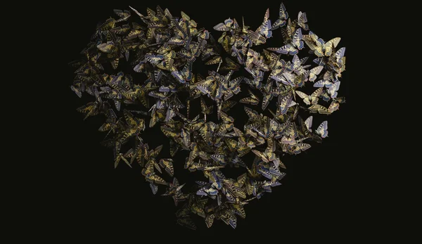 Voo borboleta em forma de coração, borboletas amarelas e pretas — Fotografia de Stock