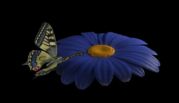 Mariposa en azul flor 3d render — Foto de Stock