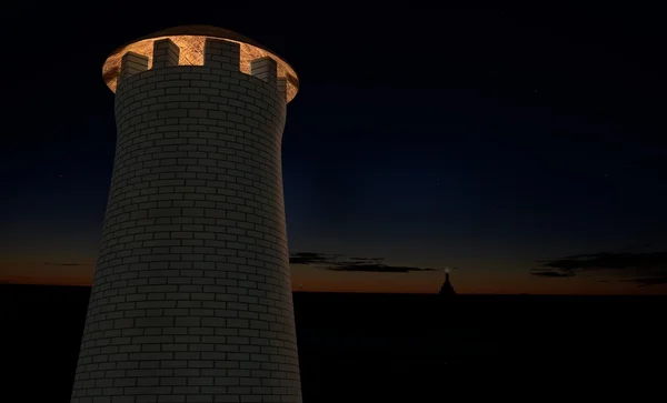 Torre de vigilancia en la puesta del sol cielo 3d ilustración — Foto de Stock