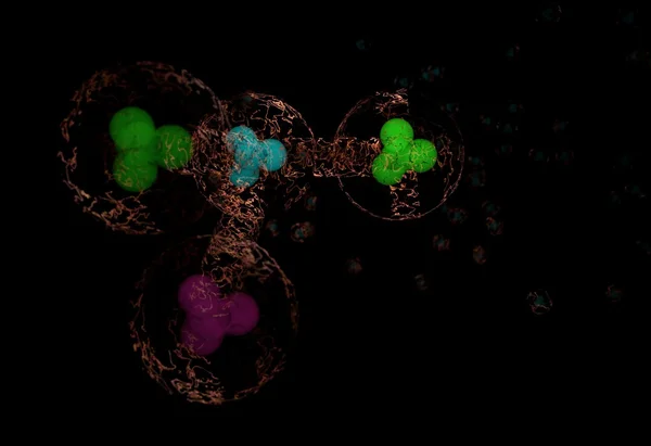 Buntes Molekül mit elektrischer Elektronenwolke und energetischen Verbindungen isoliert auf schwarzer 3D-Abbildung — Stockfoto