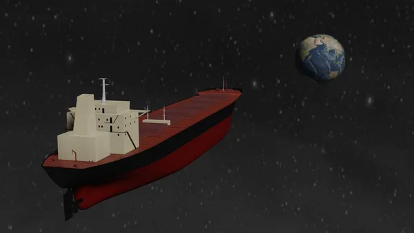 Bulk Carrier big cargo ship flying to planet Earth isolated 3d rendering — Stock Photo, Image
