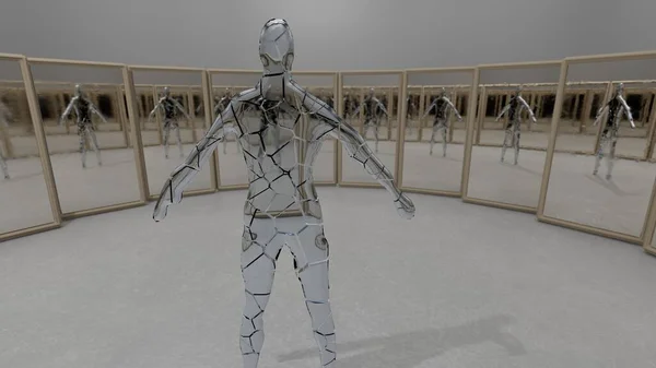 Ilustración del hombre espejo roto que se refleja en los espejos, concepto surrealista 3d render —  Fotos de Stock