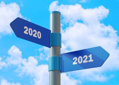 Cadde 2020 'ye karşı 2021' in yönünü işaretle. Yeni Yıl tabelası.