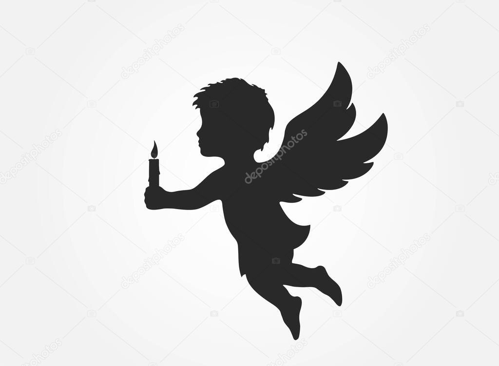 Angel with a candle. christmas symbol. isolated vector black silhouette image