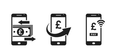 cep telefonu ödeme simgesi seti. Akıllı telefon ve İngiliz sterlin işareti. finans, nFC ödemesi ve web tasarımı için mobil para transfer sembolleri