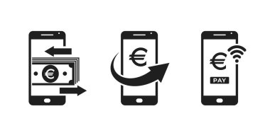 cep telefonu ödeme simgesi seti. Akıllı telefon ve Euro işareti. finans, nFC ödemesi ve web tasarımı için mobil para transfer sembolleri