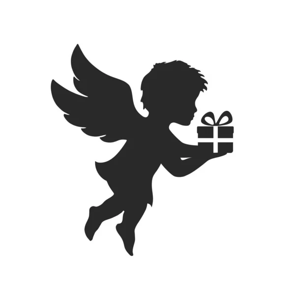 Ангел Подарунком Різдвяний Новорічний Елемент Дизайну Ізольоване Векторне Чорне Зображення — стоковий вектор