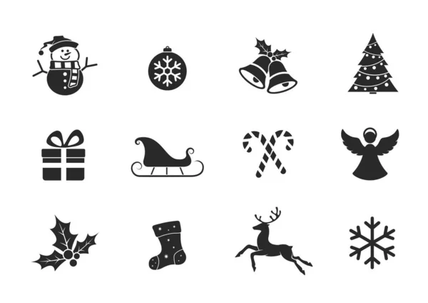 Noel ikonu seti. Noel balosu ve çanlar, ökseotu, hediye, melek ve geyik, kardan adam ve kar tanesi ikonları. Yeni Yıl ve Noel sembolleri