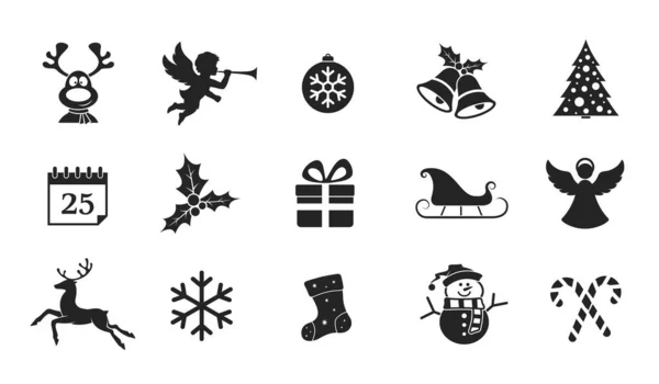 Set Van Kerst Pictogram Kerstklokken Bal Kalender Maretak Engel Hert — Stockvector