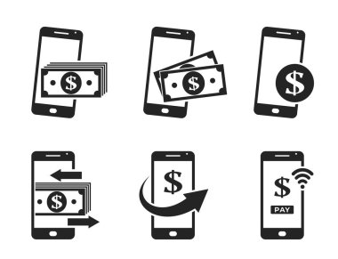 mobil para simgesi seti. Akıllı telefon ve dolar işareti. finansal, mobil ödeme ve para transfer sembolleri