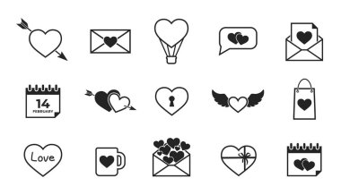 Sevgililer günü çizgisi simgesi seti. Romantik ve aşk sembolleri. izole vektör resimleri