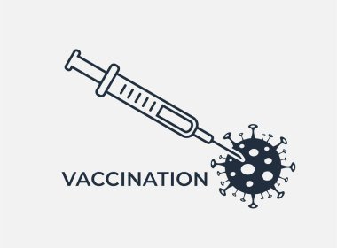 Covid-19 aşı ikonu. Tıbbi ve bağışıklık sembolü. Şırınga ve virüs vektör görüntüsünü izole etti. koronavirüs koruması ve web tasarımı için hastalık önleme sembolü