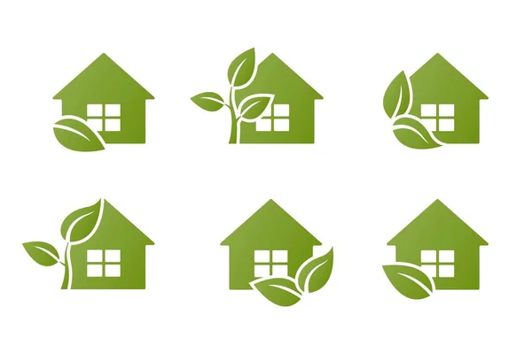 Eco House Icon Set Umweltfreundliche Und Umweltfreundliche Gebäude Symbole Blatt — Stockvektor