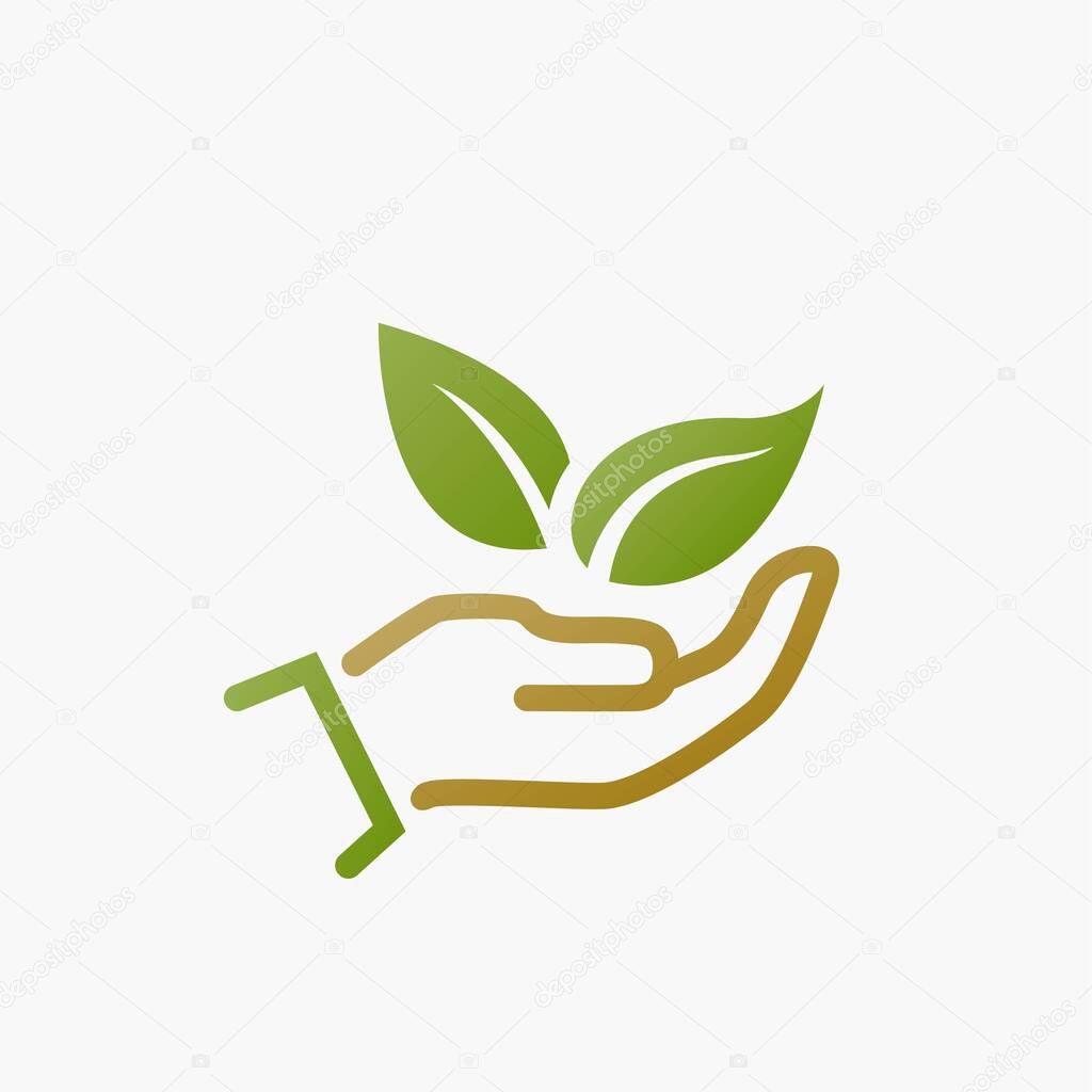 eco friendly icon. plant leaves in hand. ecology and save environment symbol. vector image in flat style