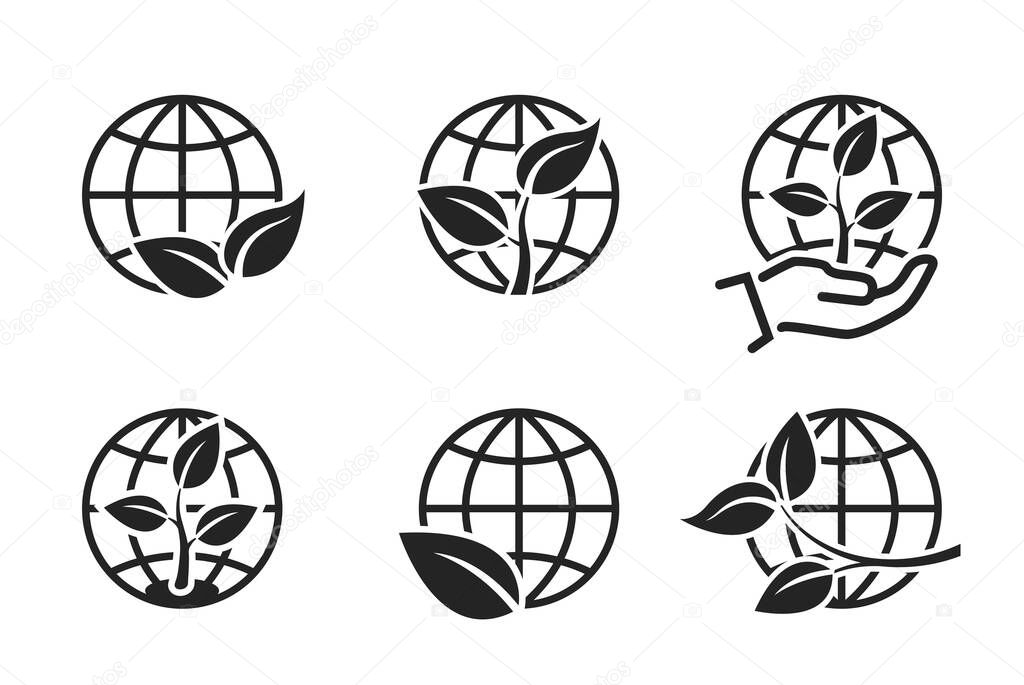 global environment icon set. environmentally friendly and eco symbols. sprout with leaves and earth globe. isolated vector images in flat style