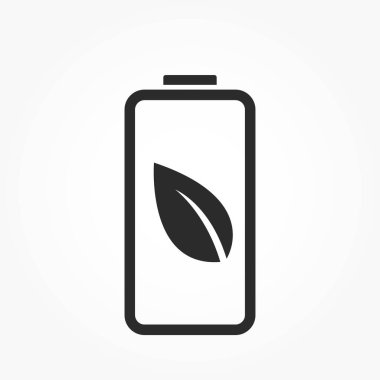 Yaprak çizgisi ikonlu ekolojik pil. Elektrik ve çevre dostu teknoloji sembolü. Düz biçimdeki izole vektör resmi