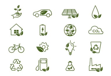 Çevre çizgisi simgesi ayarlandı. Çevre, çevre dostu, yeşil teknoloji ve ekoloji sembolleri. Düz biçimdeki izole vektör resimleri