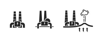 Jeotermal enerji ikonu ayarlandı. Jeotermal enerji santrali. Çevre, çevre dostu endüstri, sürdürülebilir ve yenilenebilir enerji sembolleri. Düz biçimdeki izole vektör resimleri