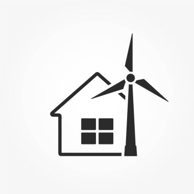 ev ve rüzgar türbini ikonu. Elektrik ev çözeltisi. Çevre dostu, yenilenebilir ve alternatif enerji sembolü. izole vektör resmi